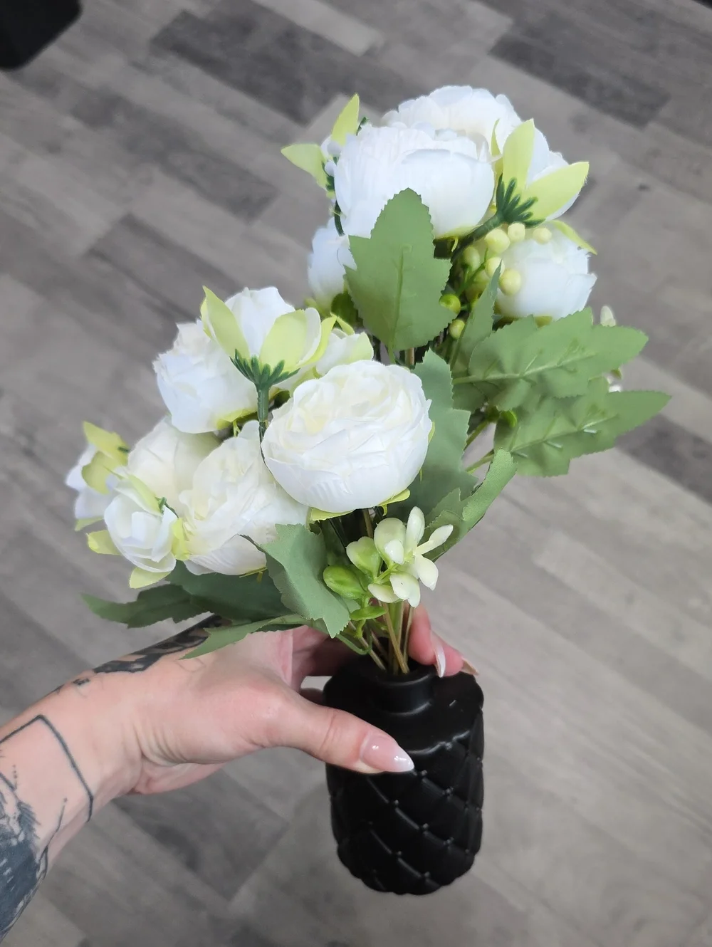 White Artificial Peony Bouquet In Black Vase
